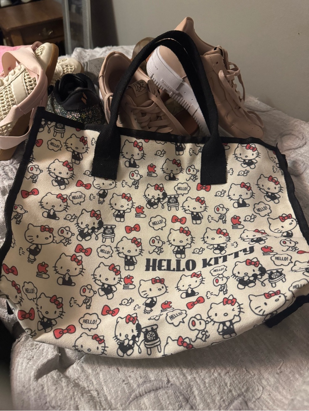 Hello Kitty Cream Canvas Tote with Black Trim and Red Accents